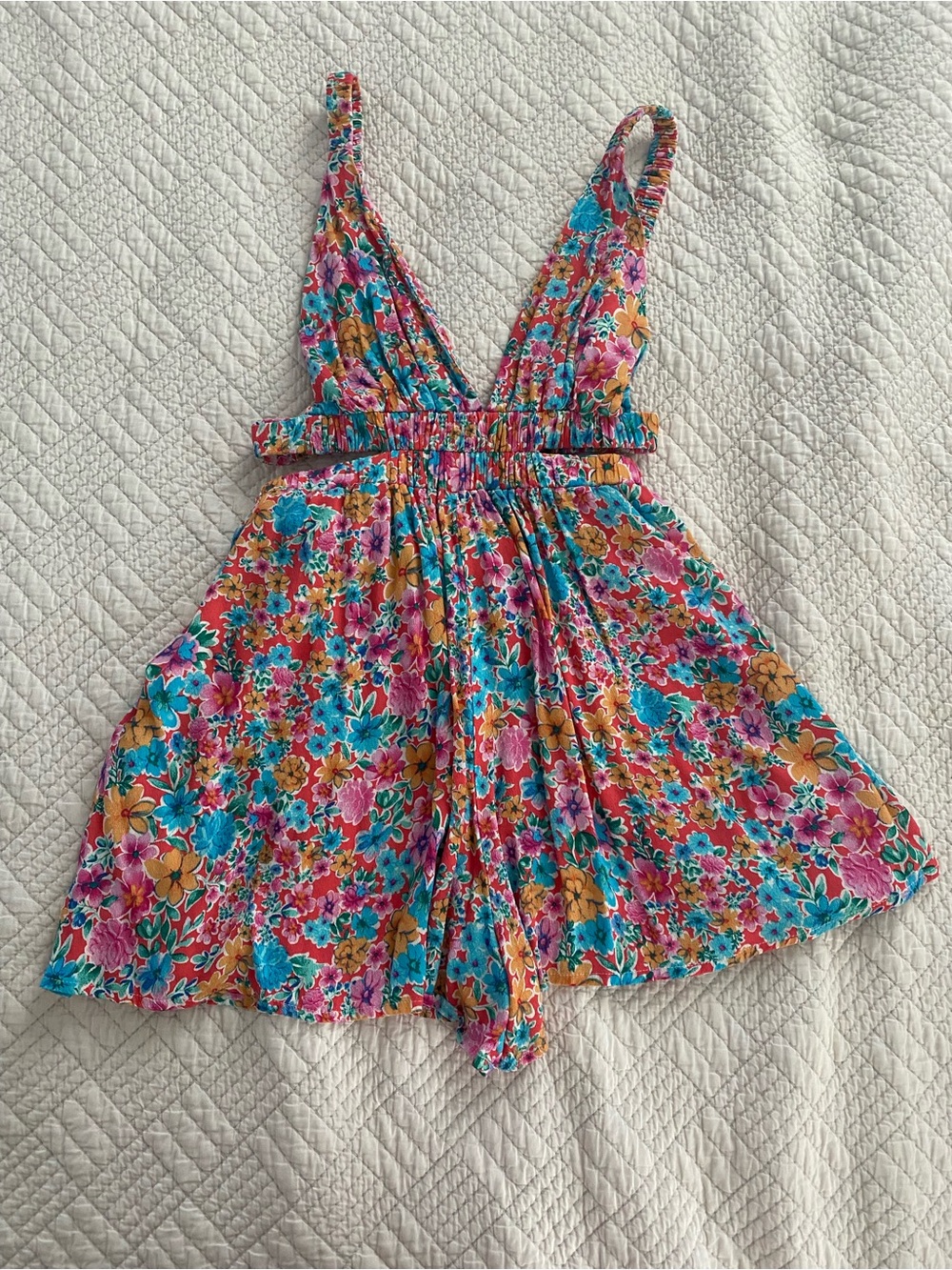 Sky to Moon Women’s Floral Romper in Pink, Teal & Mustard